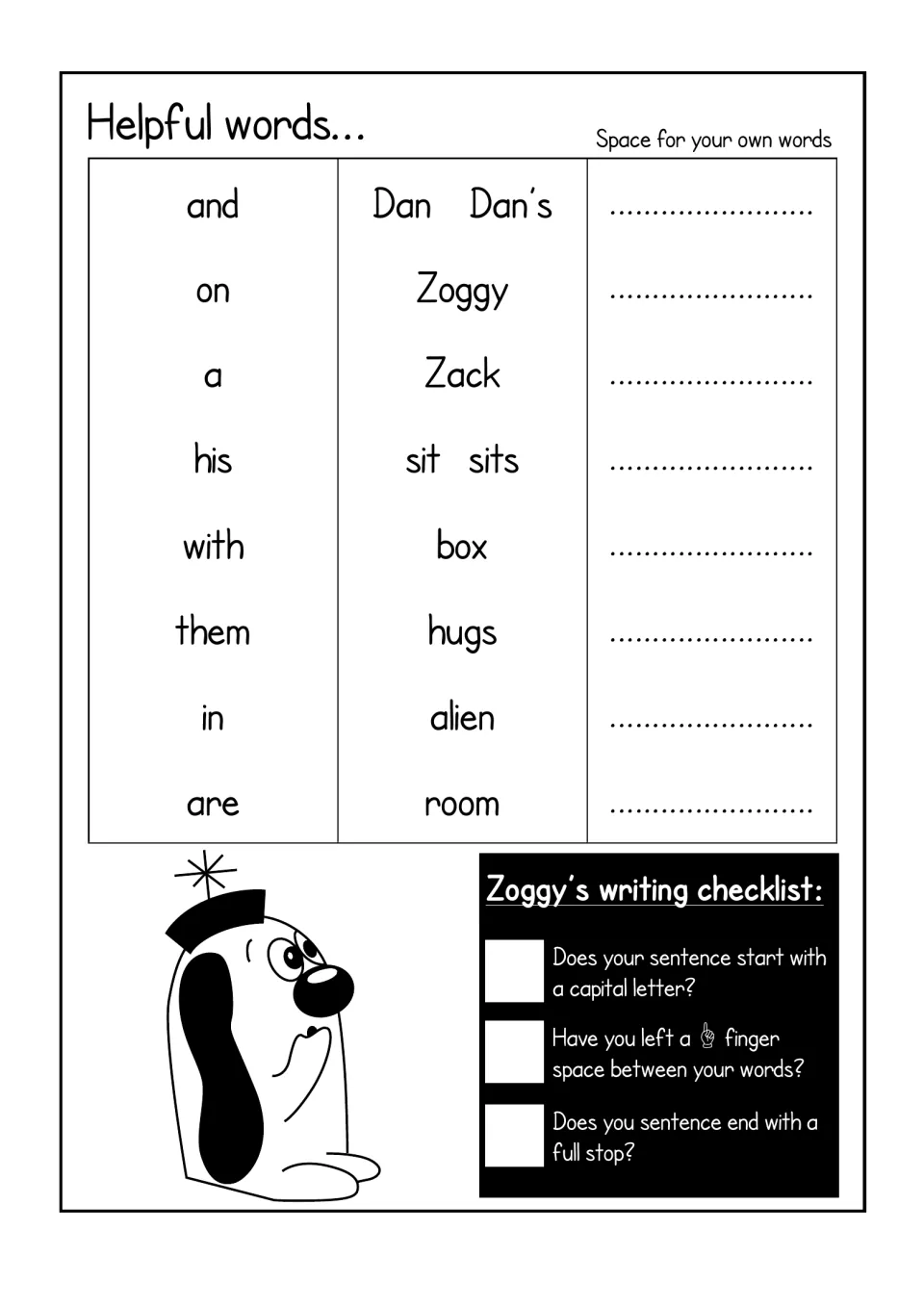 Helpful words for Dan's room (Zoggy, sits, box, hugs, alien) plus a self-check for capitals, finger spaces and full stops