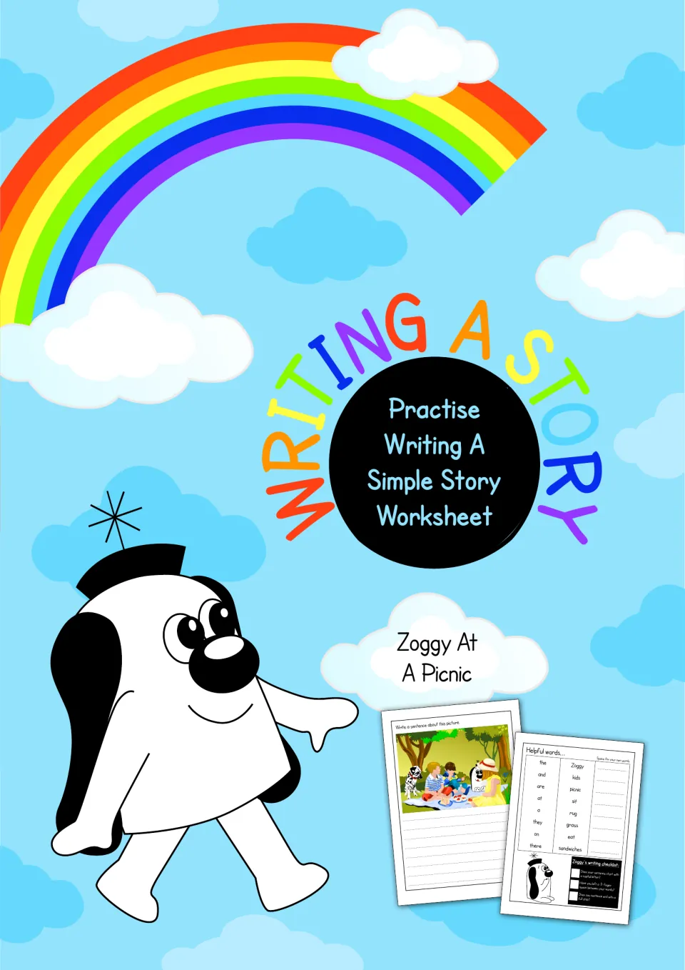 Writing a Story cover: Practise Writing A Simple Story Worksheet, Zoggy At A Picnic, with Zoggy and two sample pages