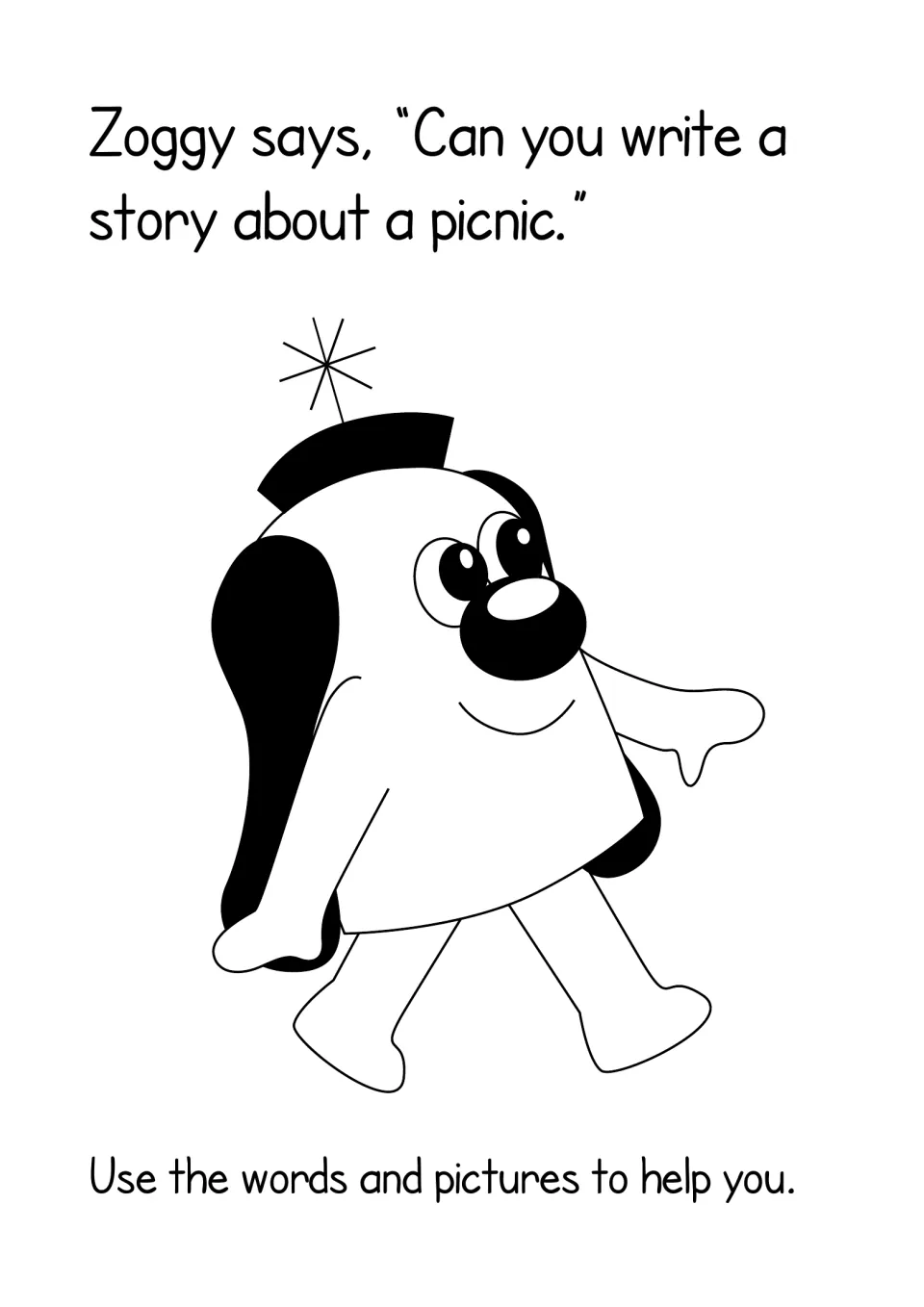 Story prompt: Zoggy asks students to write a story about a picnic, using the words and pictures to help them