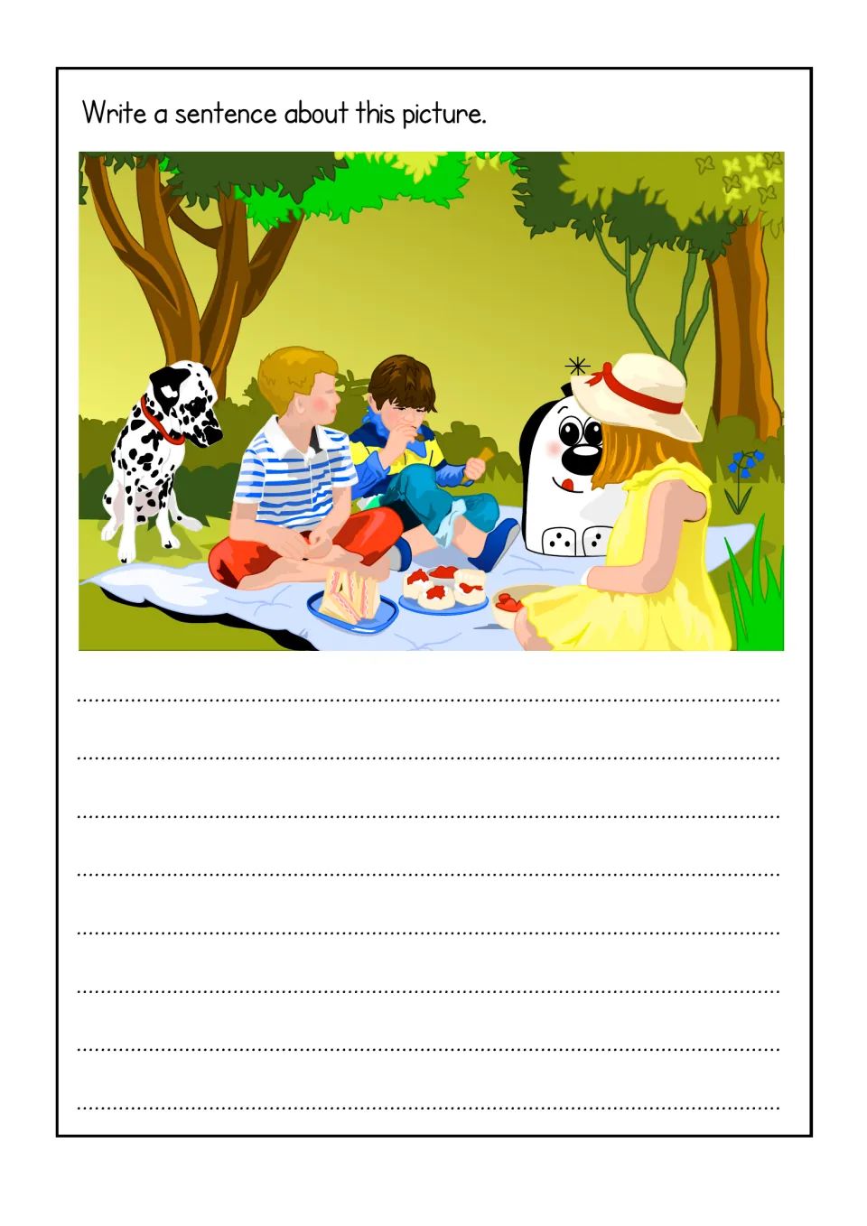 Picnic picture 1: students write a sentence about Zoggy, three kids and a Dalmatian eating sandwiches on a rug