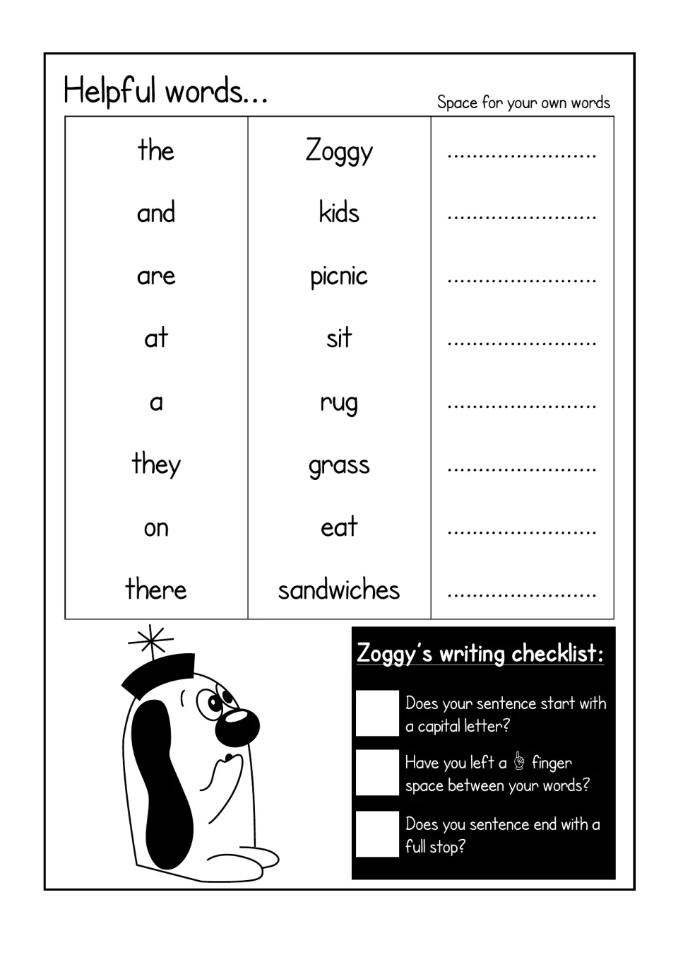 Helpful words for picnic scene 1 (the, and, Zoggy, kids, picnic, rug, sandwiches) and a punctuation checklist