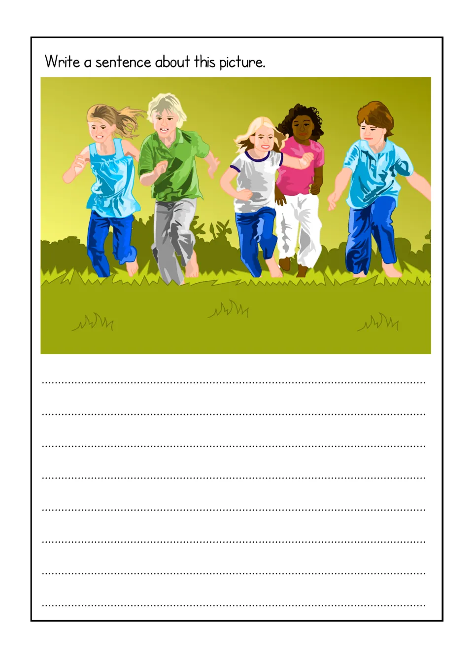 Picnic picture 2: students write a sentence about five children running together across the grass