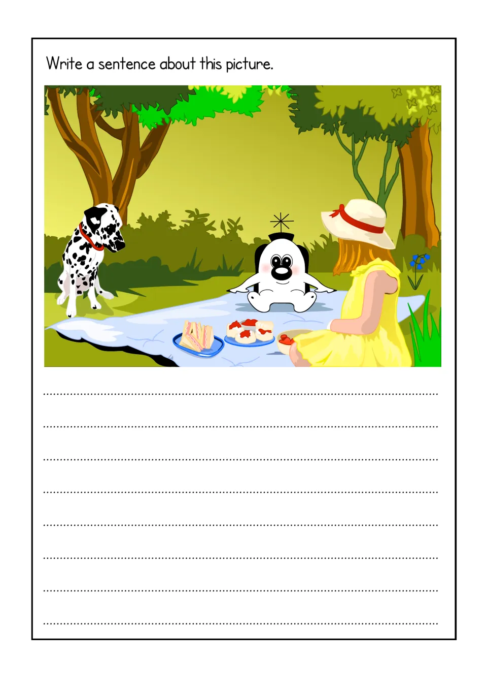 Picnic picture 3: students write a sentence about Zoggy on the rug with a girl in a sun hat and a Dalmatian