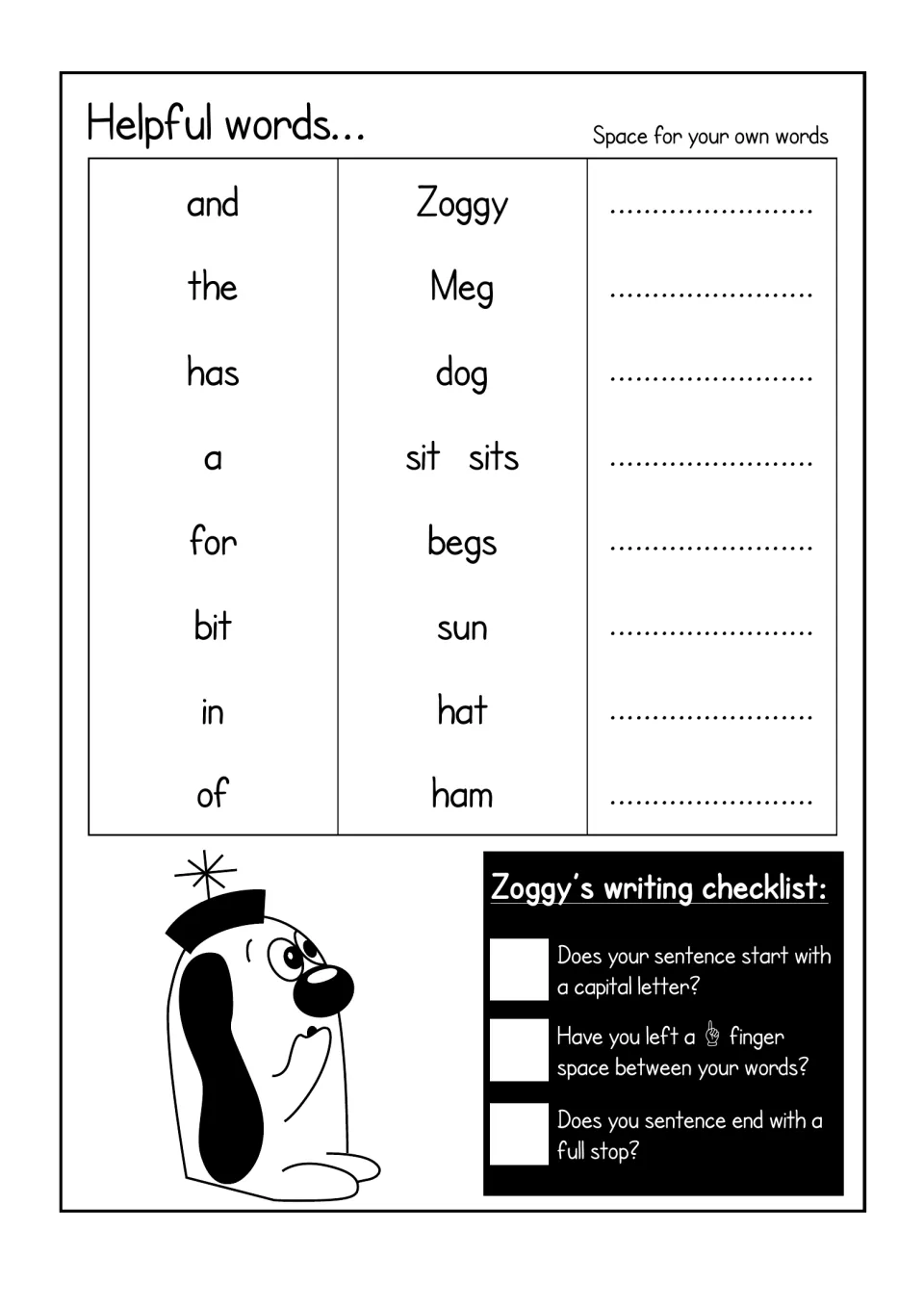 Helpful words for the third scene (Zoggy, Meg, dog, sits, begs, hat, ham, bit) and Zoggy's sentence punctuation checklist