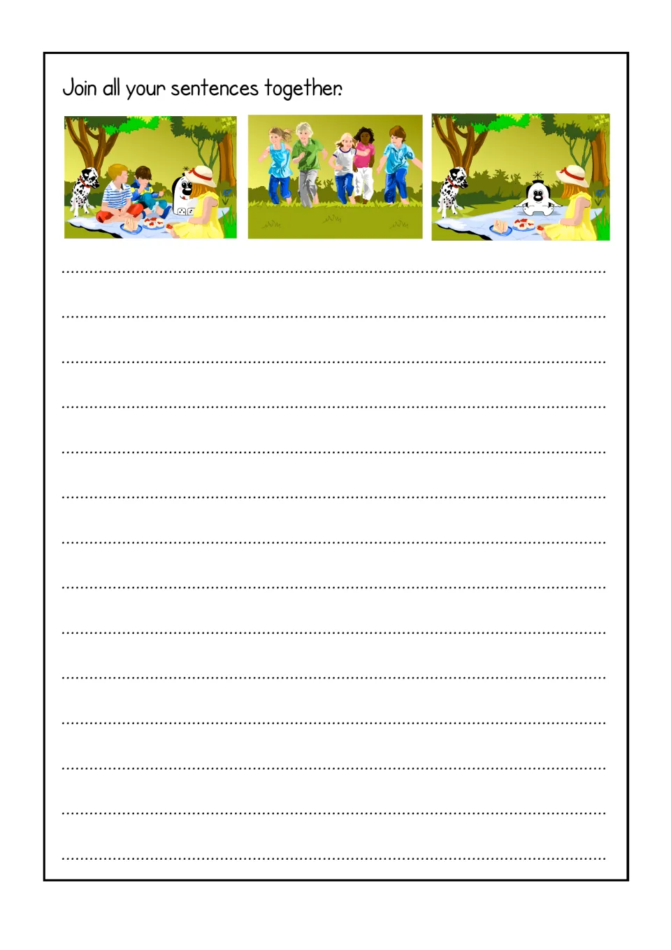 Join all your sentences together: students combine their sentences from the three picnic pictures into one short story