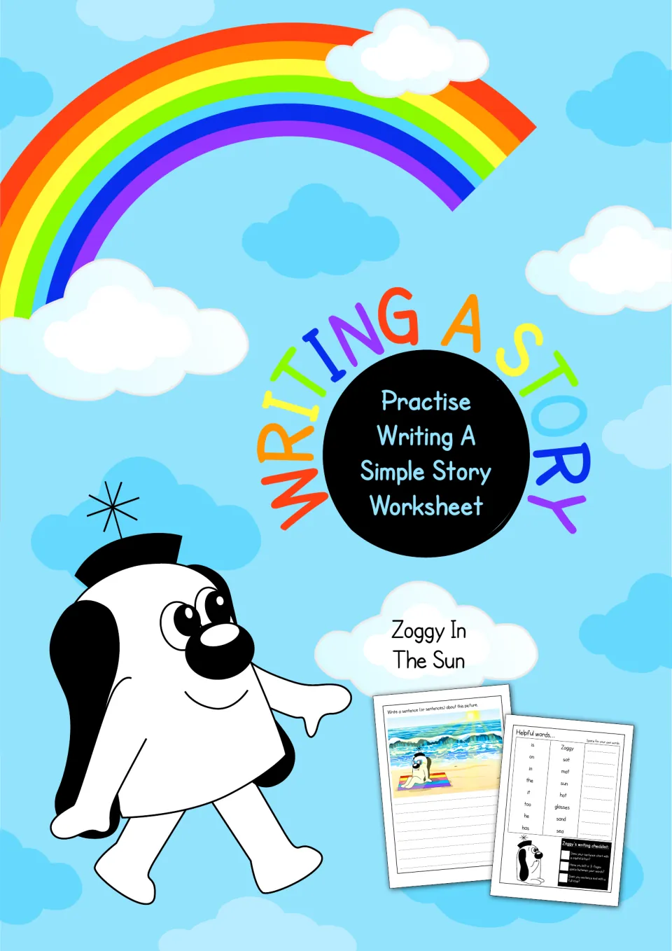 Writing a story cover: Practise Writing A Simple Story Worksheet, Zoggy In The Sun, with Zoggy and two sample pages