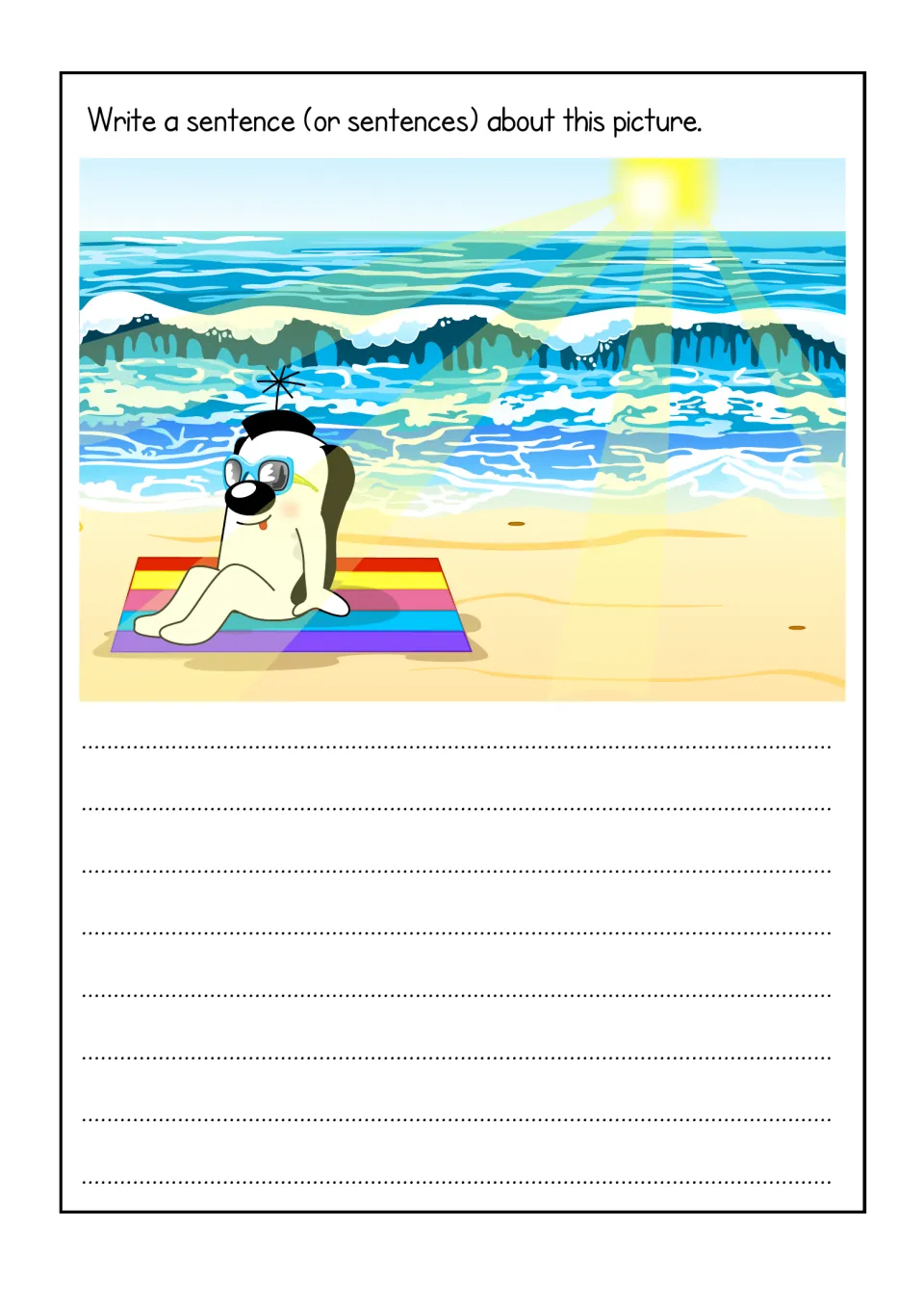Picture writing: students write sentences about Zoggy in sunglasses sitting on a rainbow mat on a sunny beach