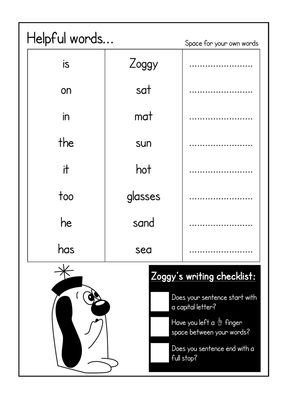 Helpful words for the beach mat scene, such as Zoggy, sat, mat, sun, glasses and sea, and a writing checklist