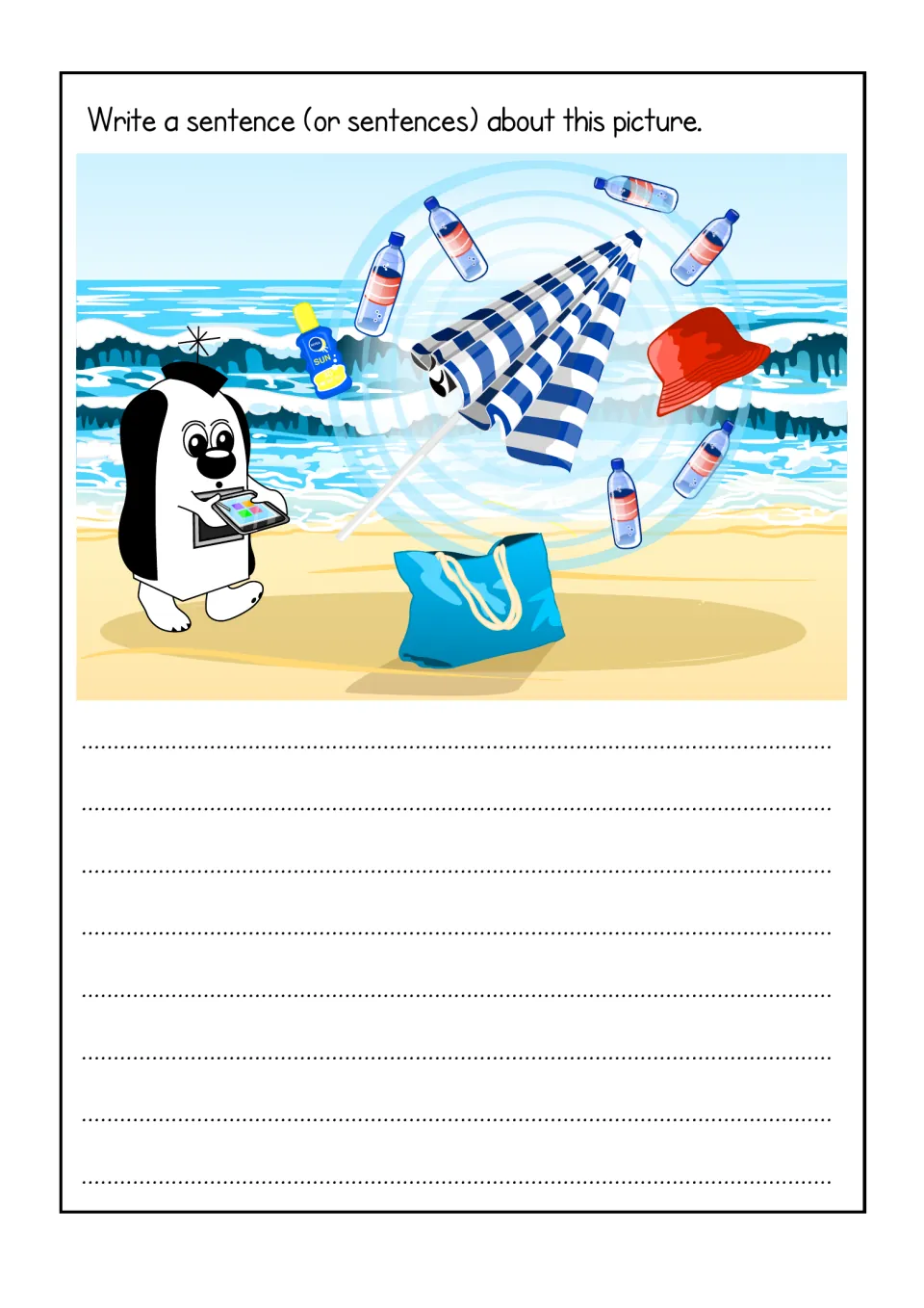 Picture writing: students describe Zoggy tapping a tablet as a beach bag, umbrella, sun cream, hat and bottles appear