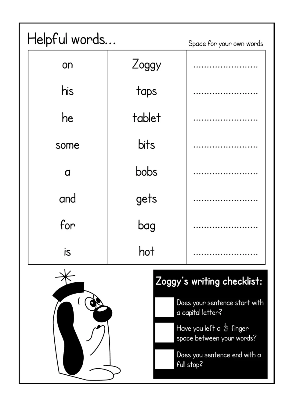 Helpful words for the tablet scene, including taps, tablet, bits, bobs, gets and bag, with Zoggy's writing checklist