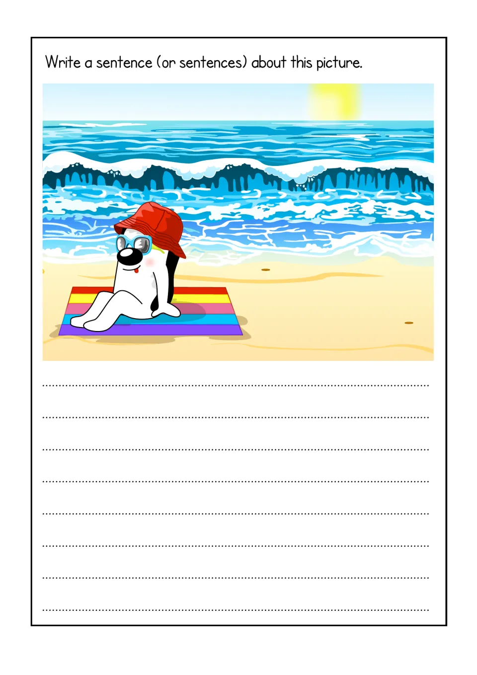 Picture writing: students write about Zoggy wearing a red sun hat and sunglasses while sitting on his mat by the sea
