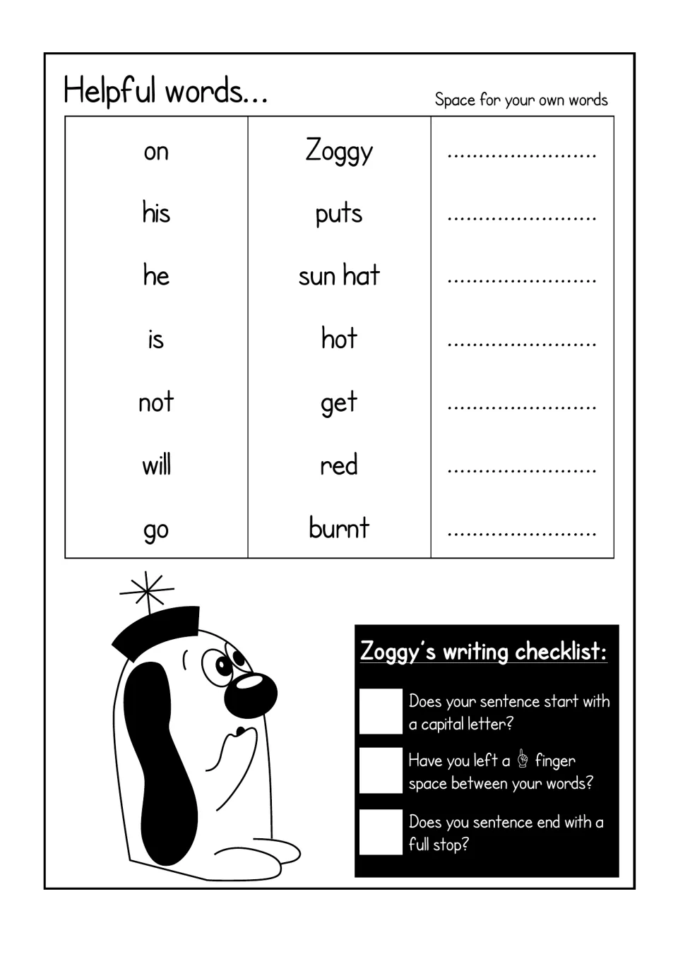 Helpful words for the sun hat scene, such as puts, sun hat, not, will, get, red and burnt, with a punctuation checklist