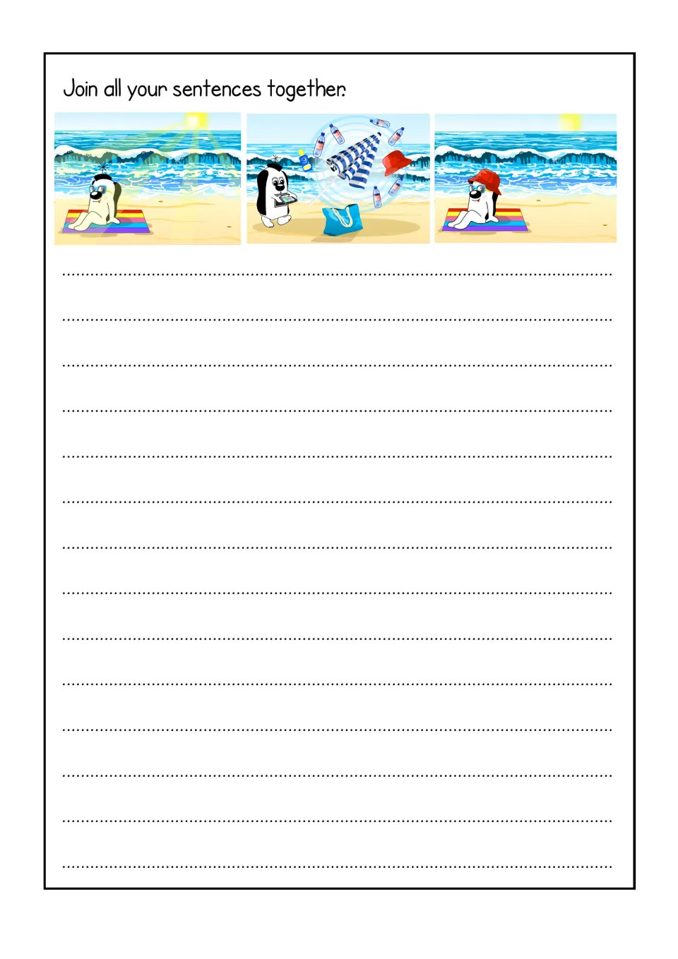 Join all your sentences together: students combine their sentences about the three beach pictures into one full story