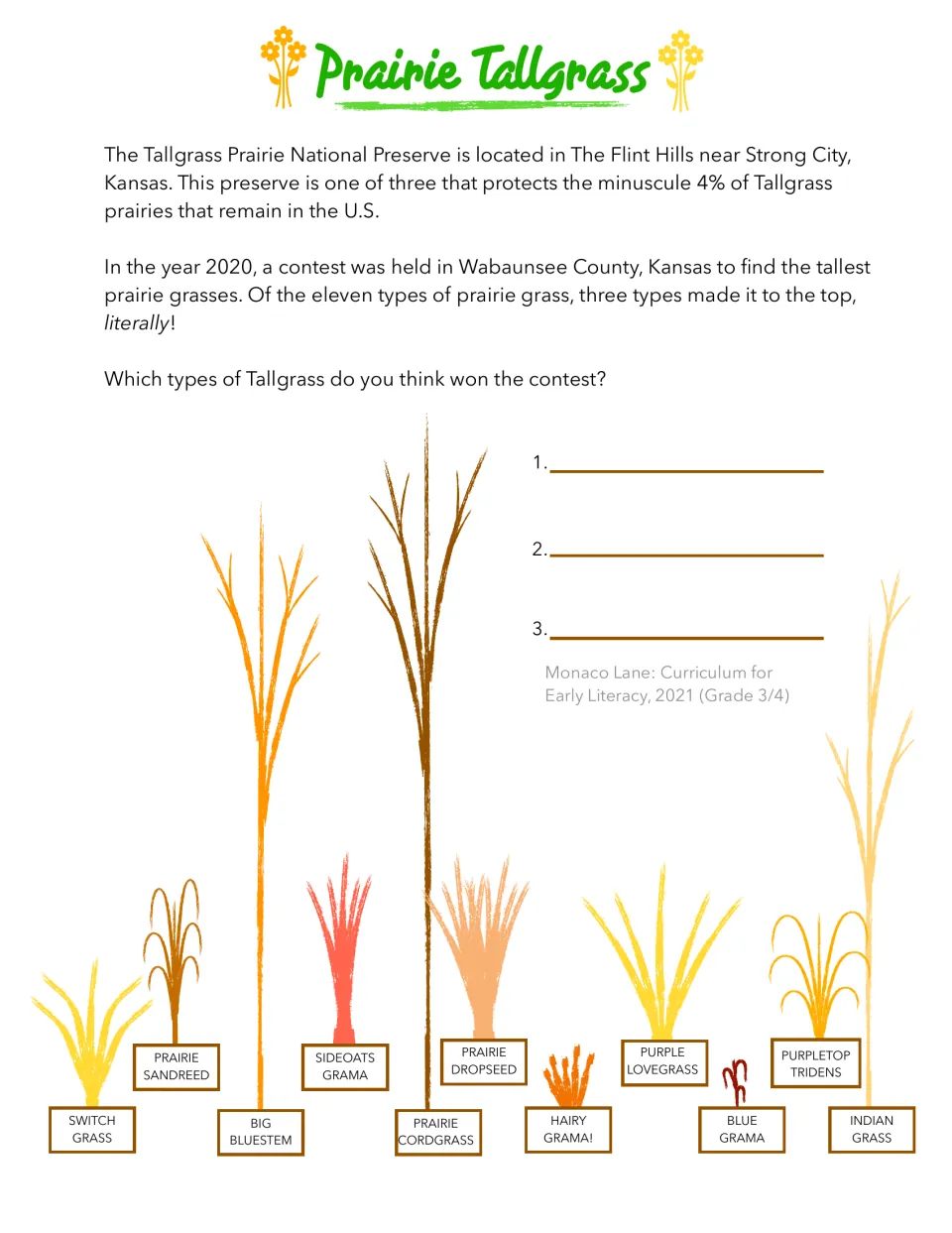 Introduction to prairie tallgrass with labeled grass illustrations and a prompt to predict three contest winners
