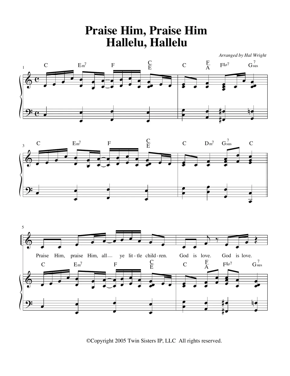 Hallelu song opening, arranged by Hal Wright: piano intro in C, then voice sings 'Praise Him, all ye little children'