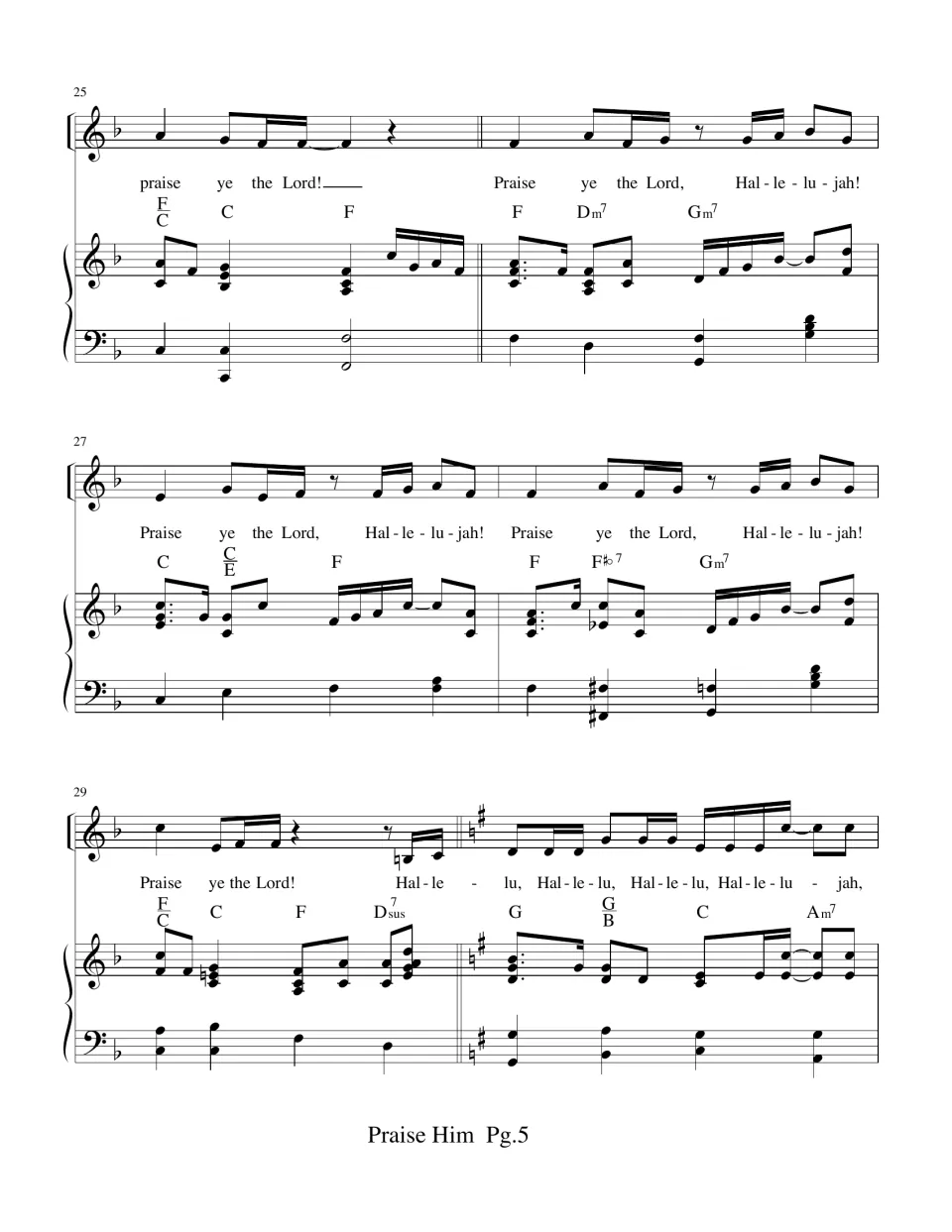 Measures 25-30 in F major: singers alternate 'Praise ye the Lord' and 'Hallelujah!', then the key shifts up to G major