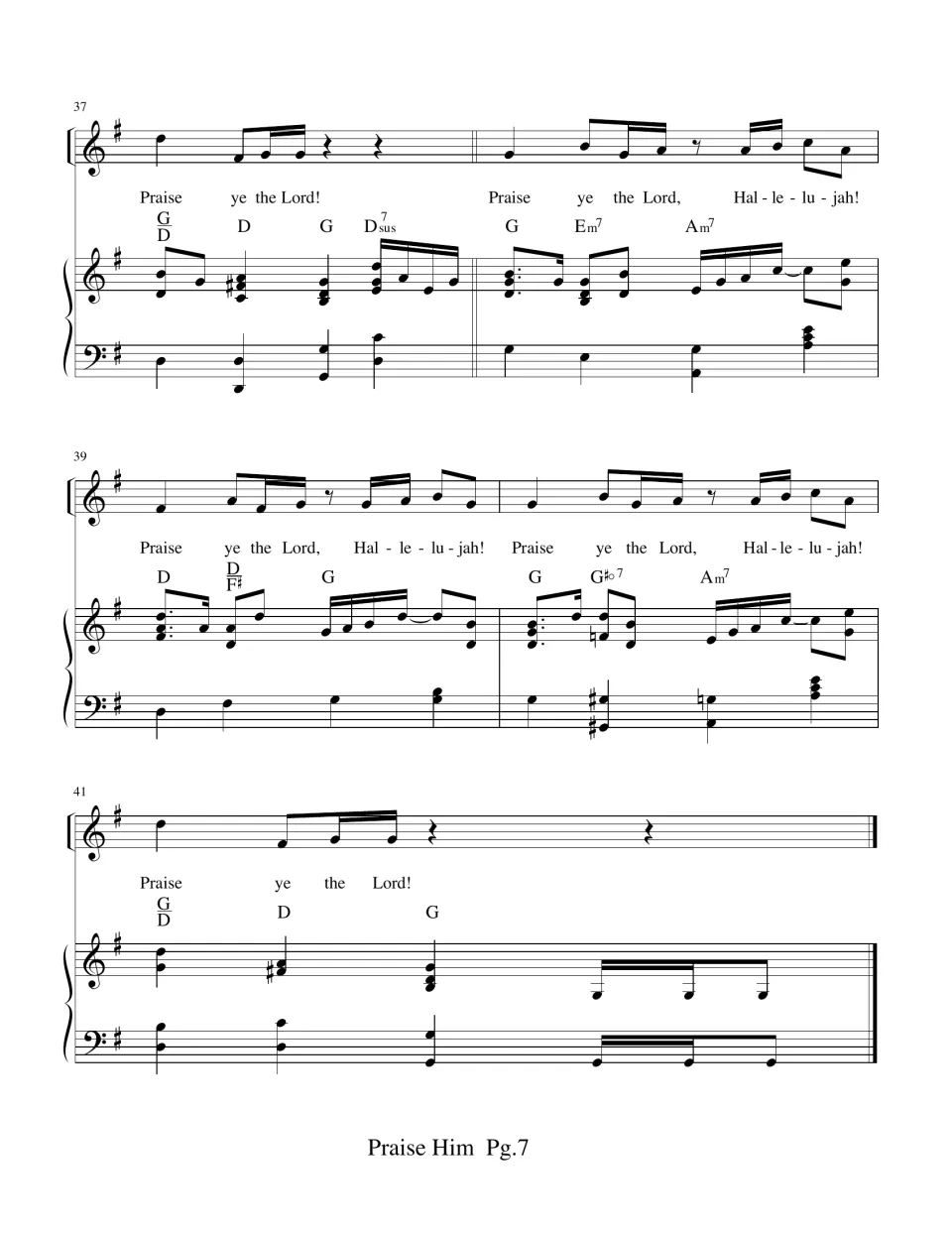 Final measures 37-41 in G major: repeated 'Praise ye the Lord, Hallelujah!' phrases end on a closing 'Praise ye the Lord!'