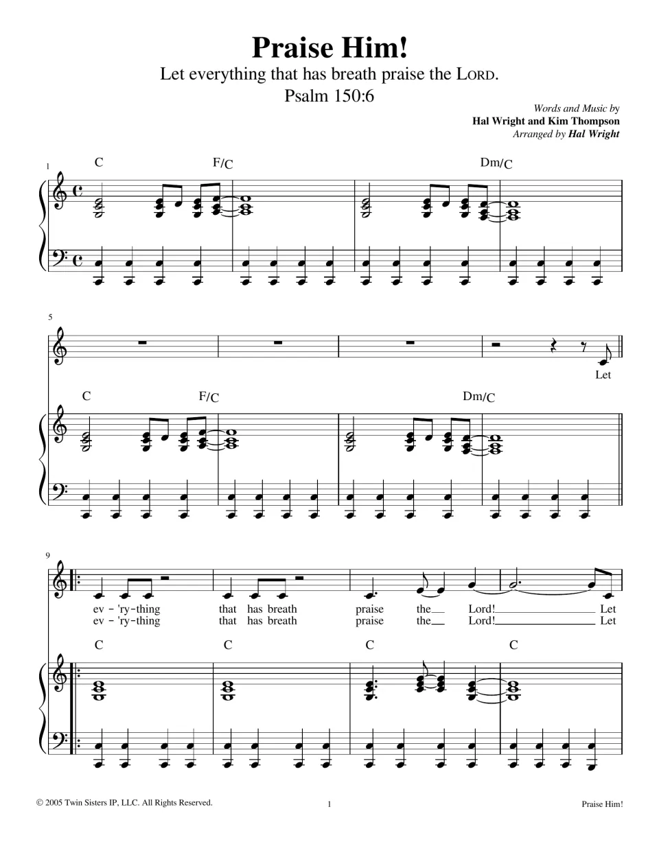 Praise Him! song on Psalm 150:6, mm. 1-12 in C: piano intro, then the vocal line 'Let ev'rything that has breath'