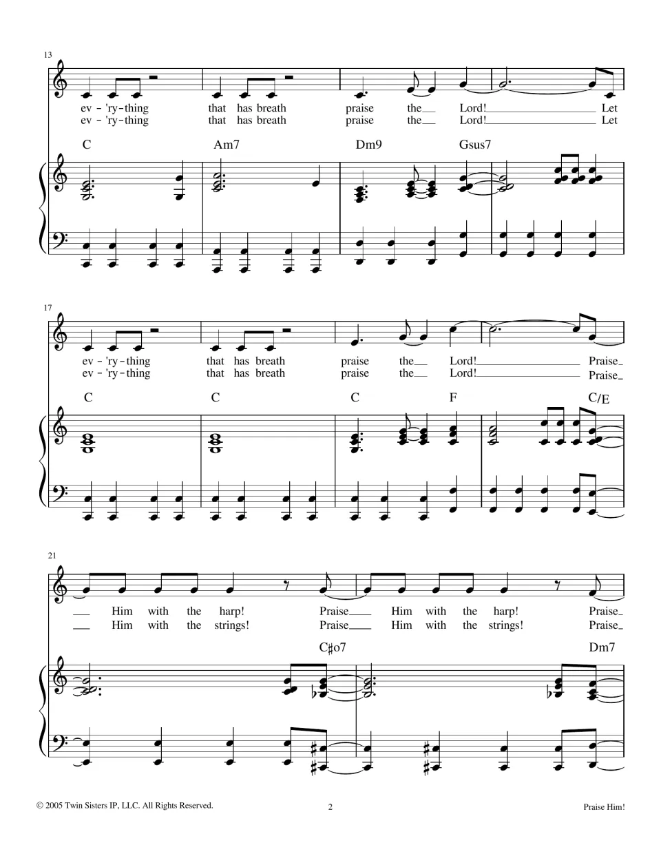 Vocal and piano score, mm. 13-22: 'praise the Lord!' refrain repeats, then verses 'Praise Him with the harp' and 'strings'