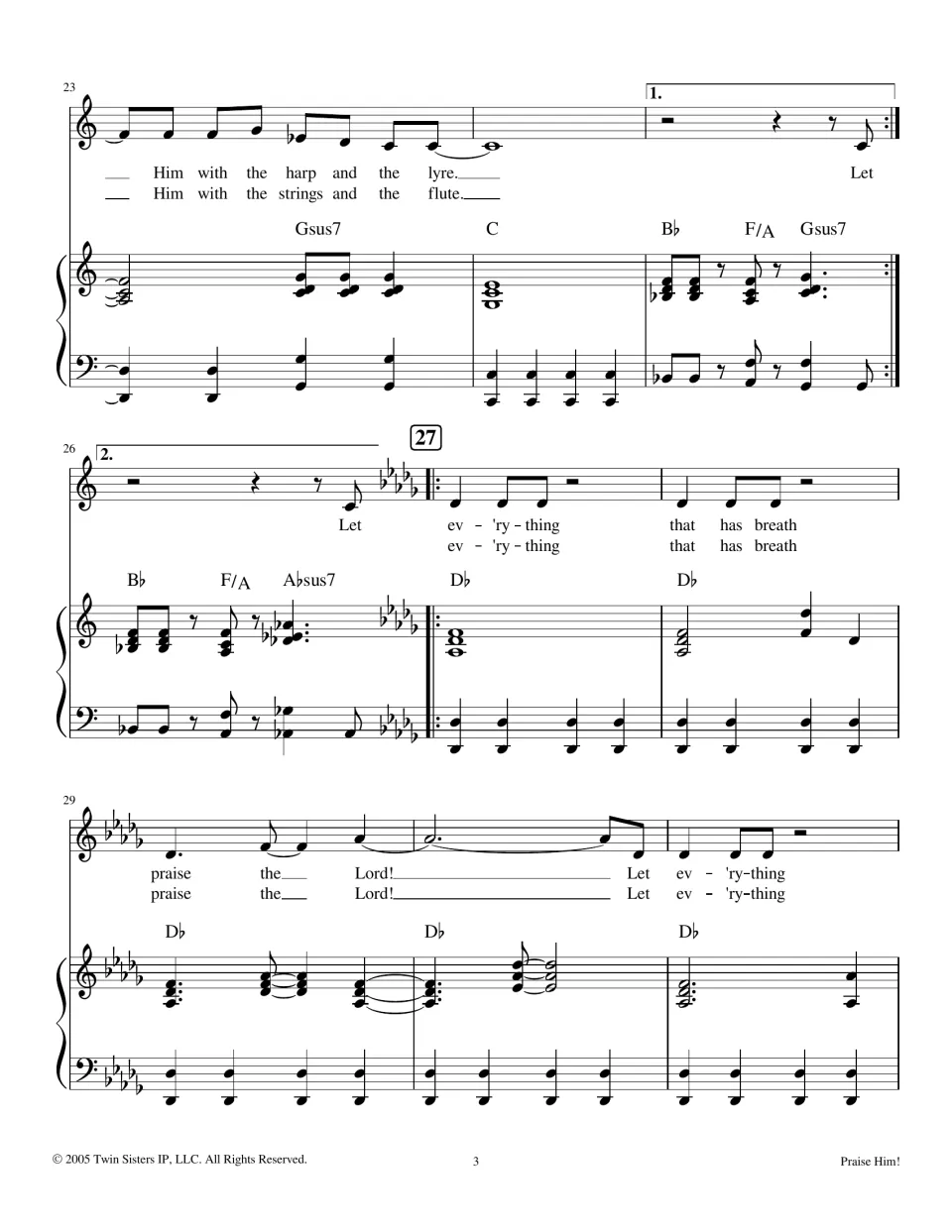 Score mm. 23-31: 'harp and the lyre' / 'strings and the flute' endings, then a key change to D-flat for the refrain