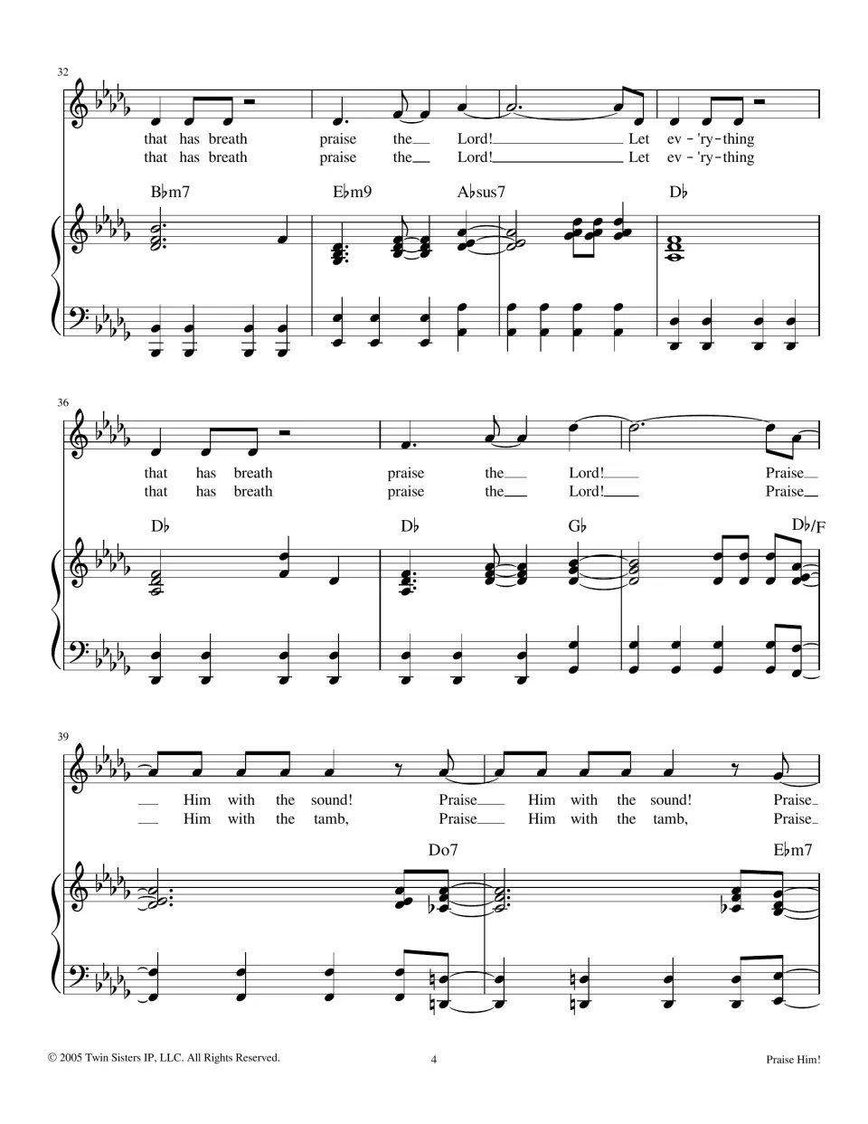 Score mm. 32-40 in D-flat: 'Let ev'rything' refrain, then verses 'Praise Him with the sound!' and 'with the tamb'