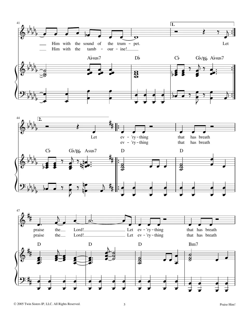 Score mm. 41-50: 'sound of the trumpet' / 'tambourine' endings, then a second key change up to D for the refrain