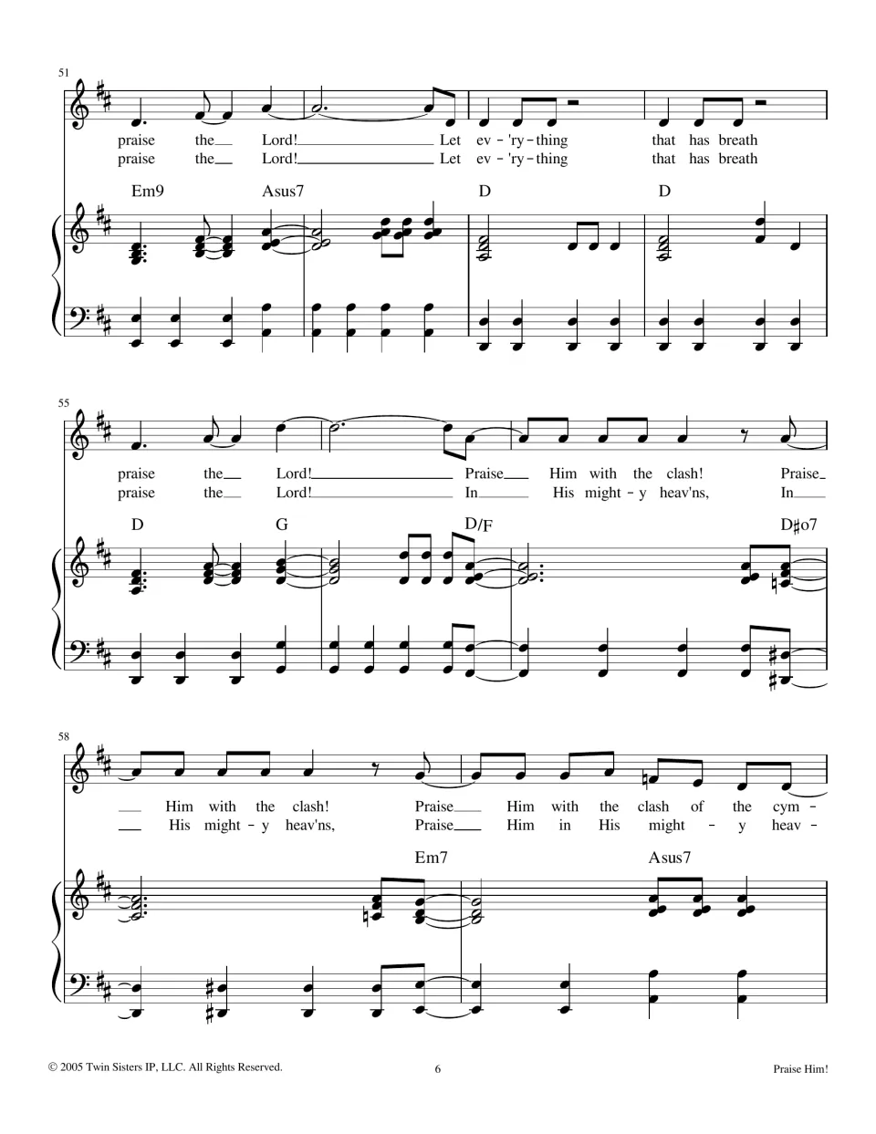 Score mm. 51-59 in D: refrain, then final verses 'Praise Him with the clash of the cymbals' and 'In His mighty heav'ns'
