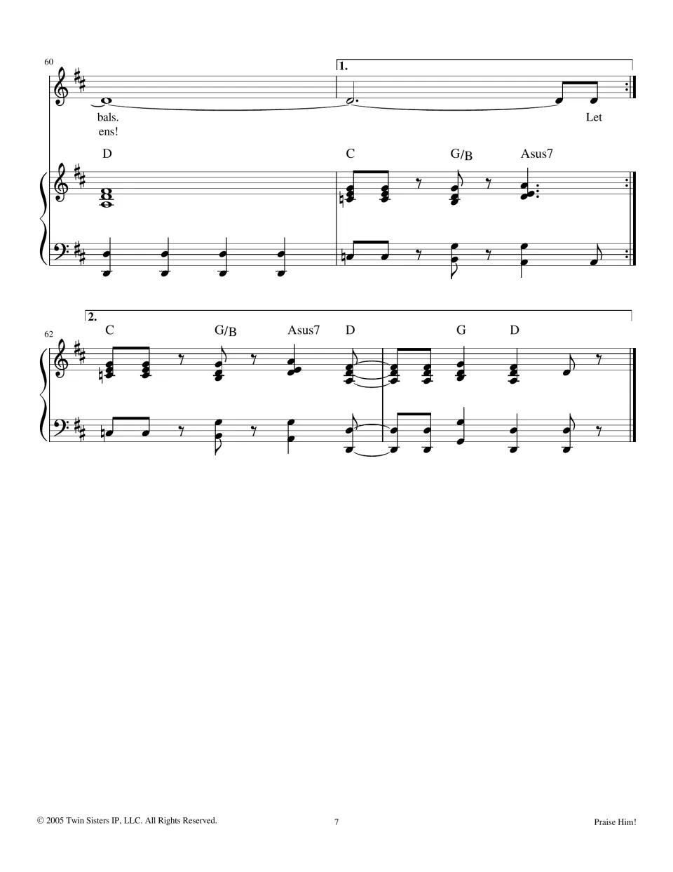 Song ending, mm. 60-63: lyrics end on 'cymbals' and 'heavens', with 1st and 2nd endings and a closing piano tag in D
