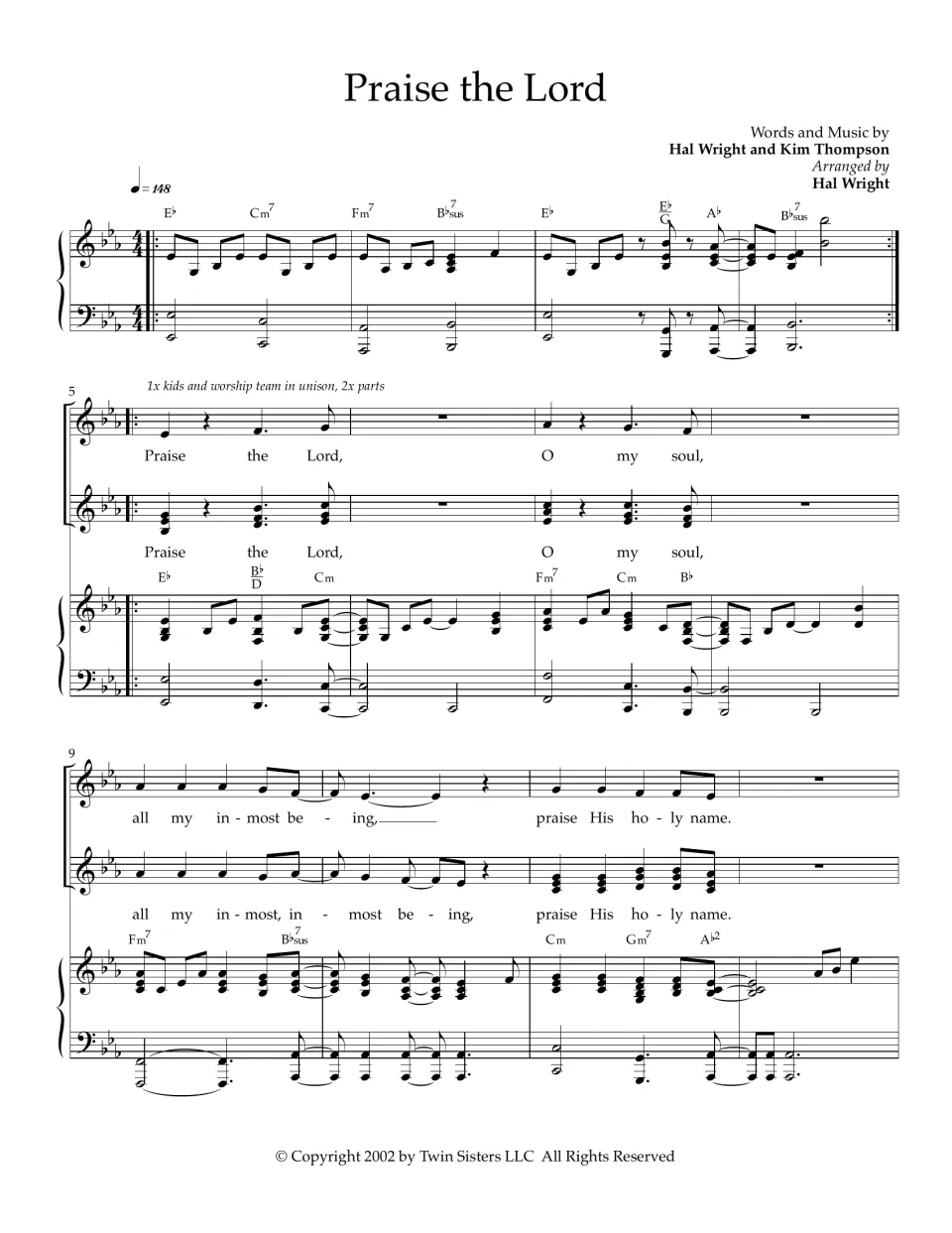 Praise the Lord song in E-flat, measures 1-12: piano intro, then melody, harmony and piano parts with lyrics "O my soul"