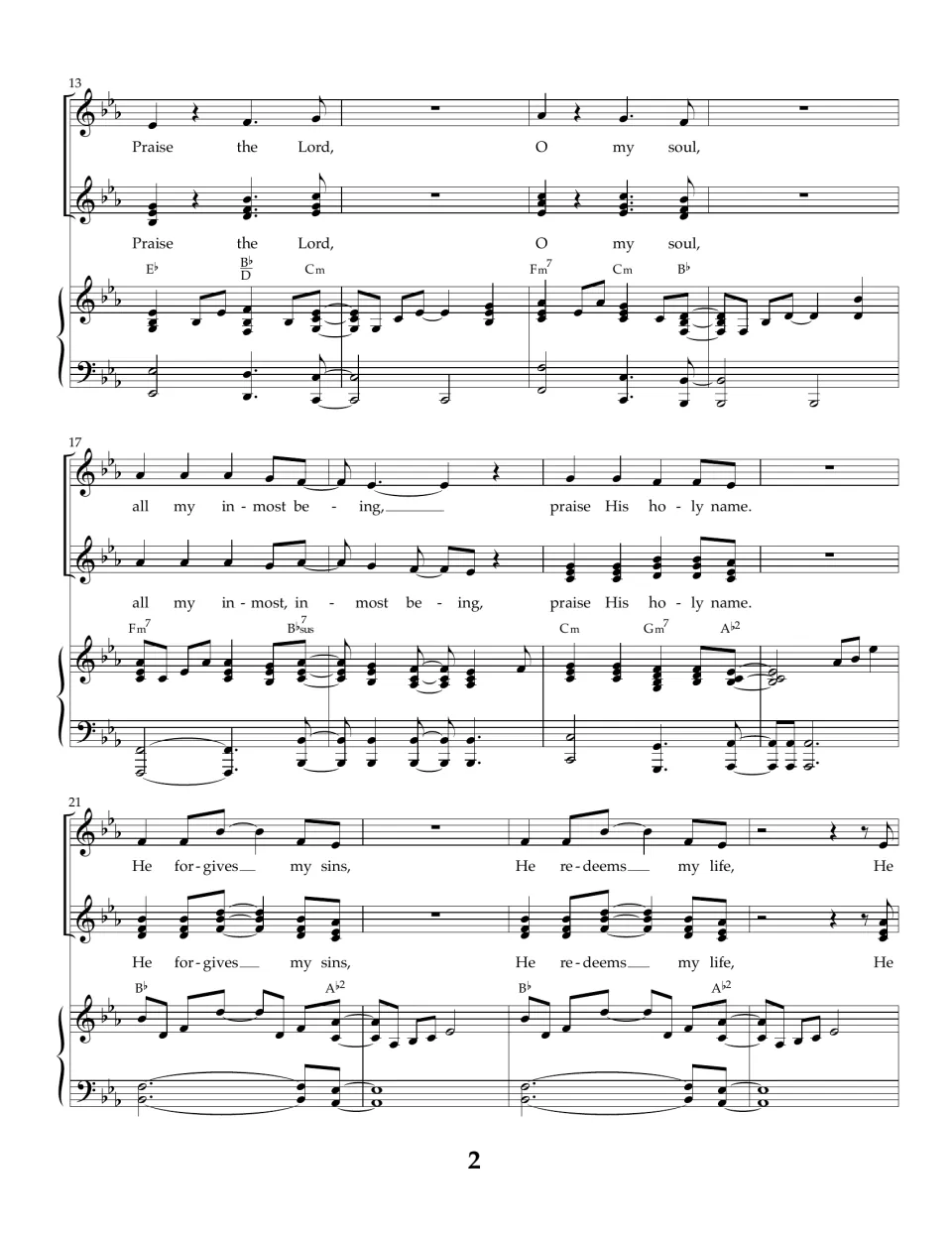Song score, measures 13-24: two vocal parts and piano repeat the refrain, then begin "He forgives my sins"