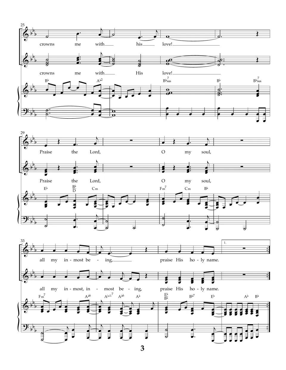 Song score, measures 25-36: vocal parts sing "crowns me with His love" and repeat the refrain, closing at a first ending