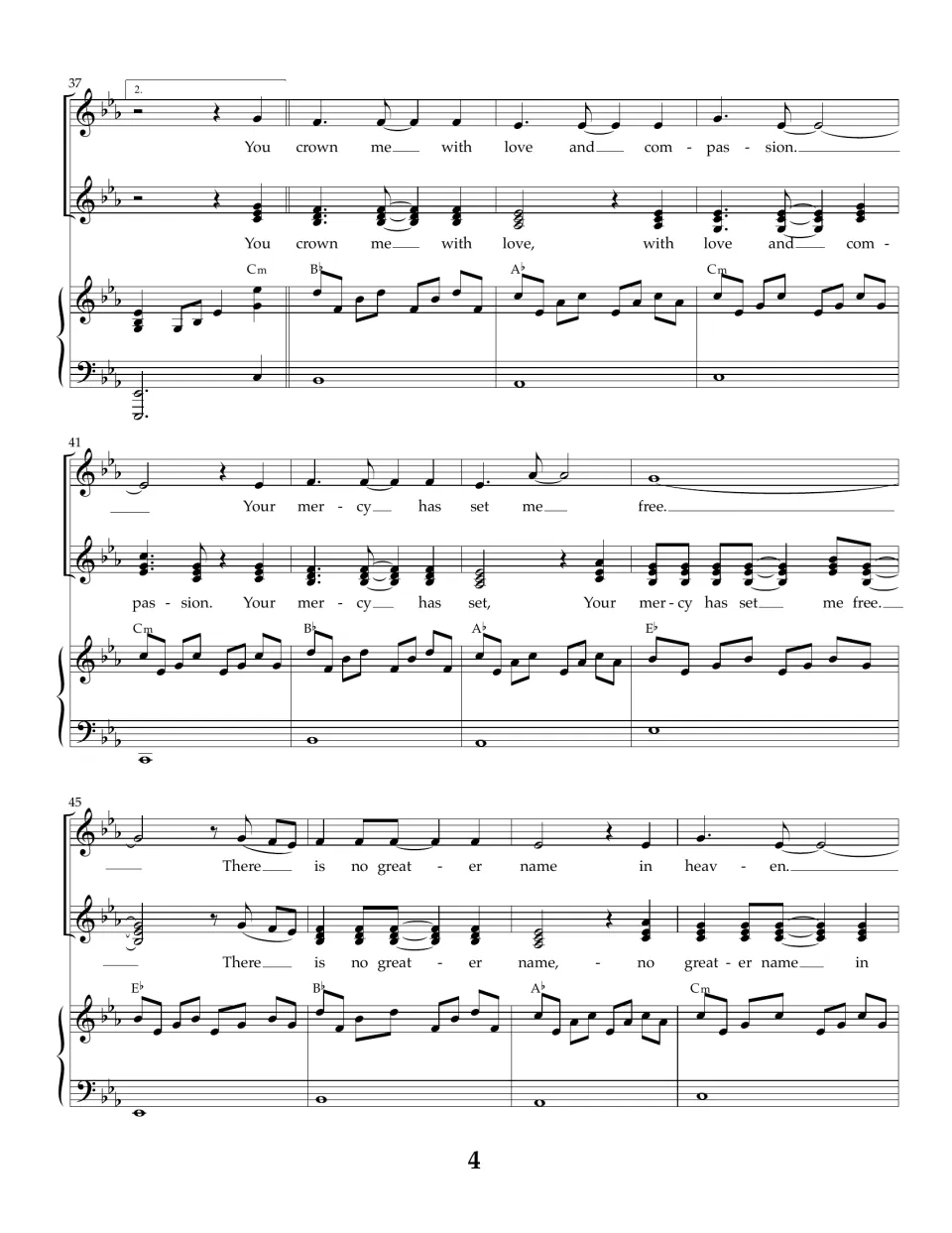 Song score, measures 37-48: second ending opens a new section, "You crown me with love and compassion" with piano arpeggios