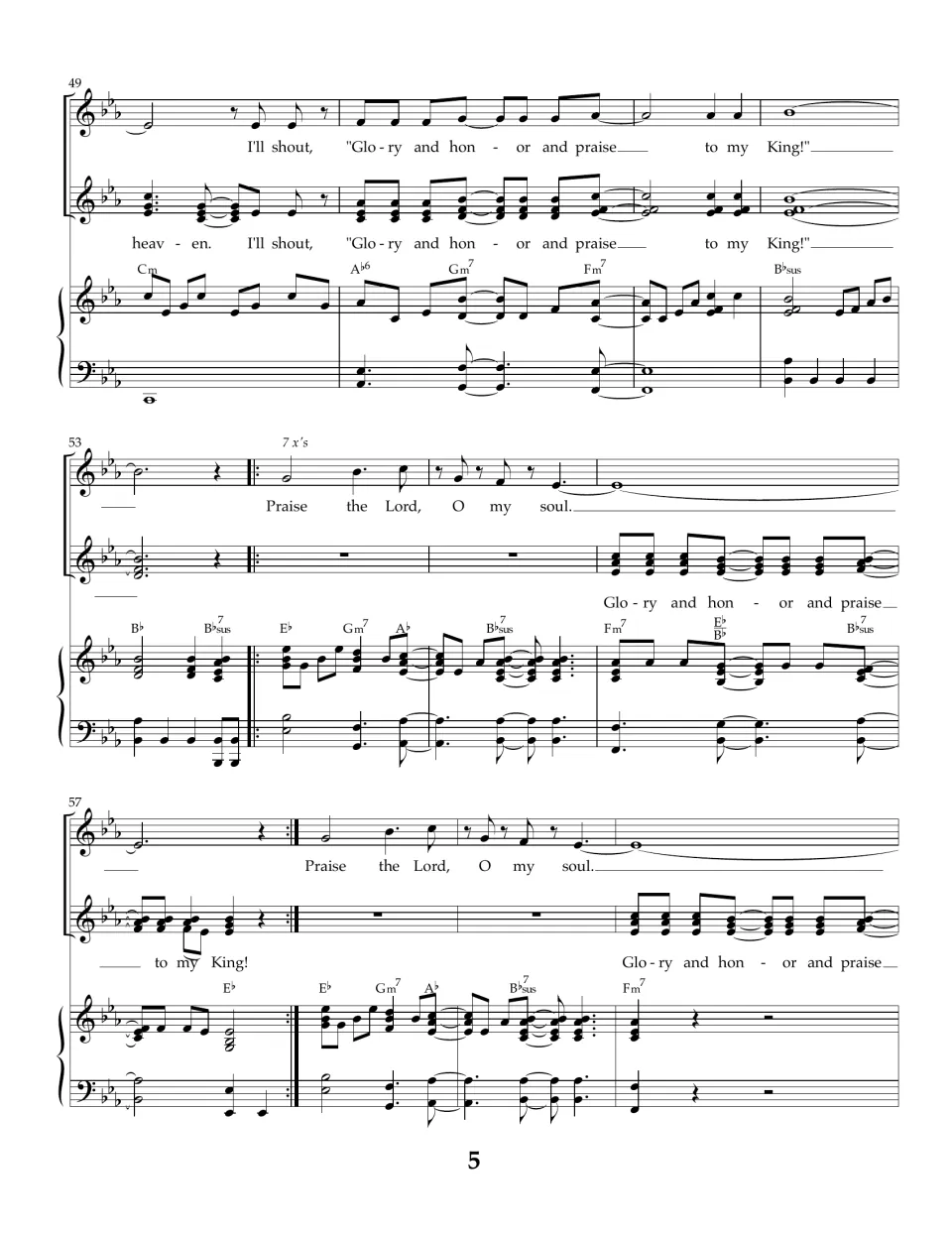Song score, measures 49-60: "I'll shout, Glory and honor and praise to my King!" then a section repeated 7 times
