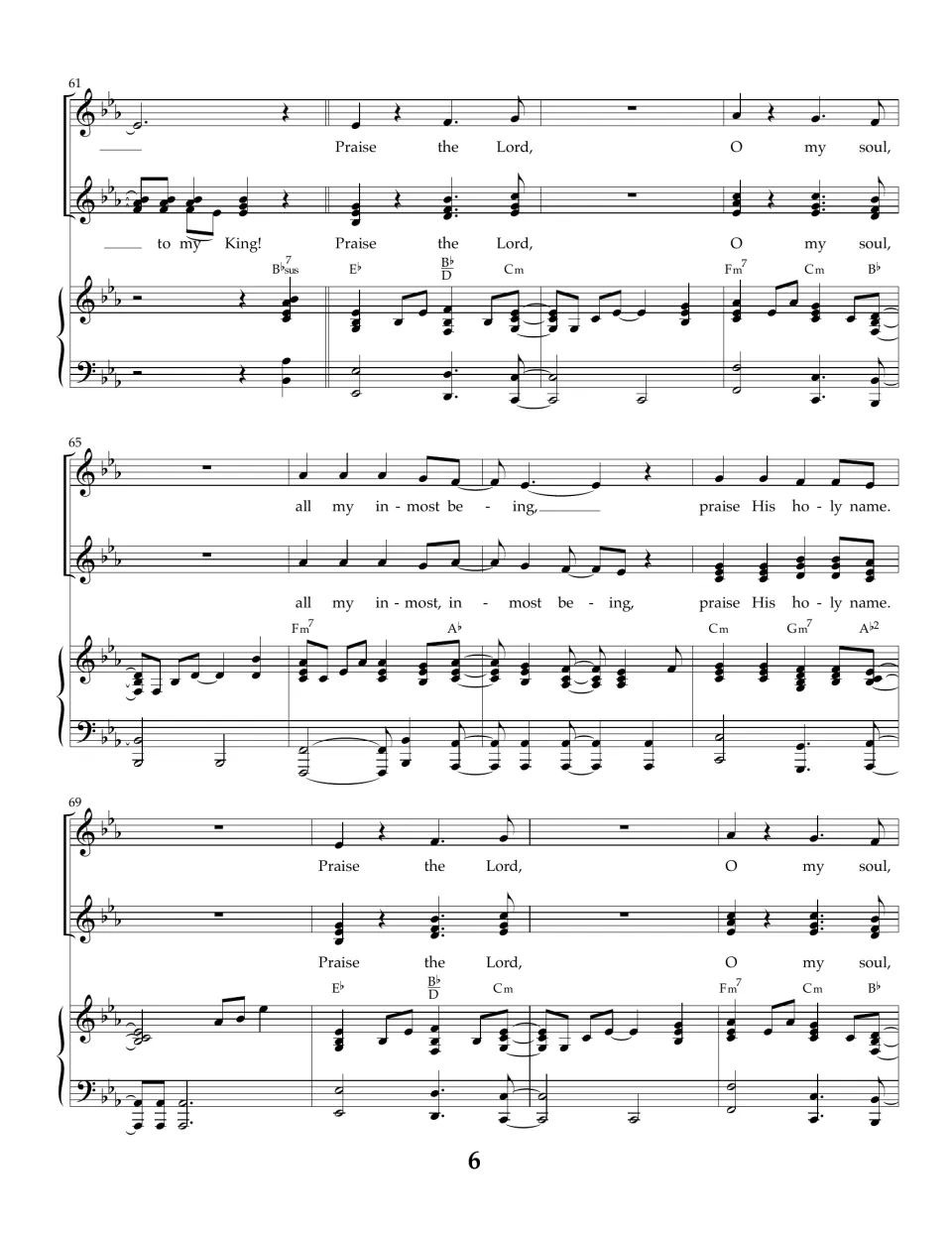 Song score, measures 61-72: return of the main refrain, "O my soul, all my inmost being, praise His holy name" with piano
