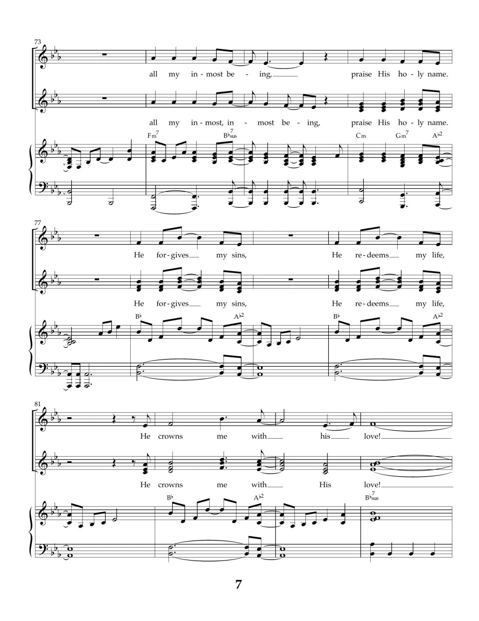 Song score, measures 73-84: voices sing "He forgives my sins, He redeems my life, He crowns me with His love"