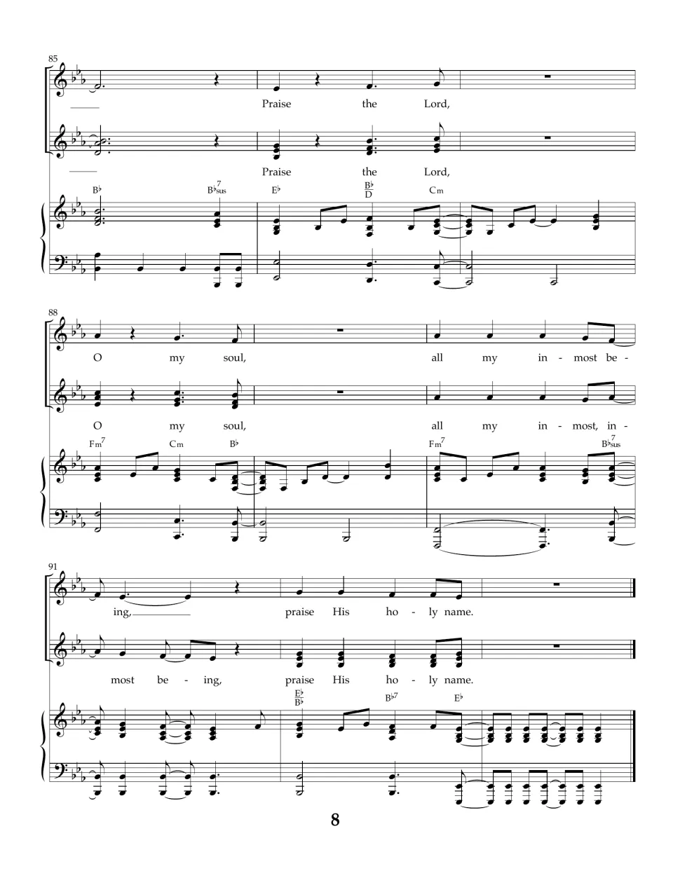 Song score, measures 85-94: final refrain "O my soul, all my inmost being, praise His holy name" ending on an E-flat chord