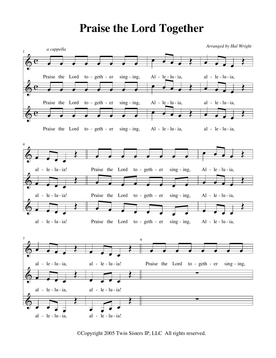 Praise the Lord Together, a cappella three-voice score arranged by Hal Wright: measures 1-9 with Alleluia lyrics