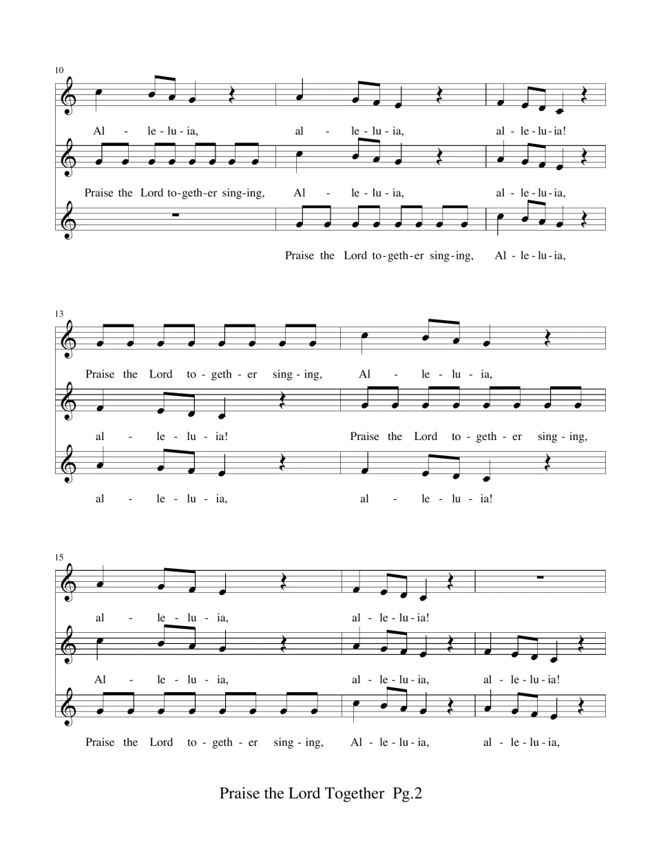 Measures 10-17 of the three-voice score: parts enter in turn, each singing the Alleluia phrase at different times