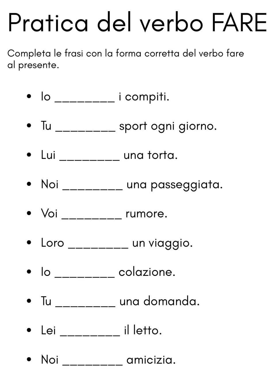 Present-tense practice for Italian fare (to do or make): 10 fill-ins about homework, sports, and more