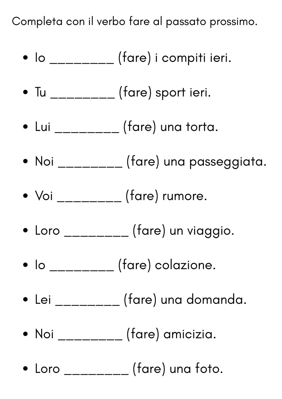 Passato prossimo practice for Italian fare (to do or make): 10 fill-ins about homework, a trip, and more