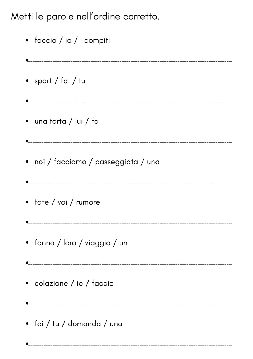 Italian fare (to do or make) word-order practice: eight sentences about homework, sports, and more