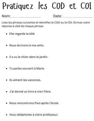COD et COI – French Pronouns Exercises Worksheet – cover