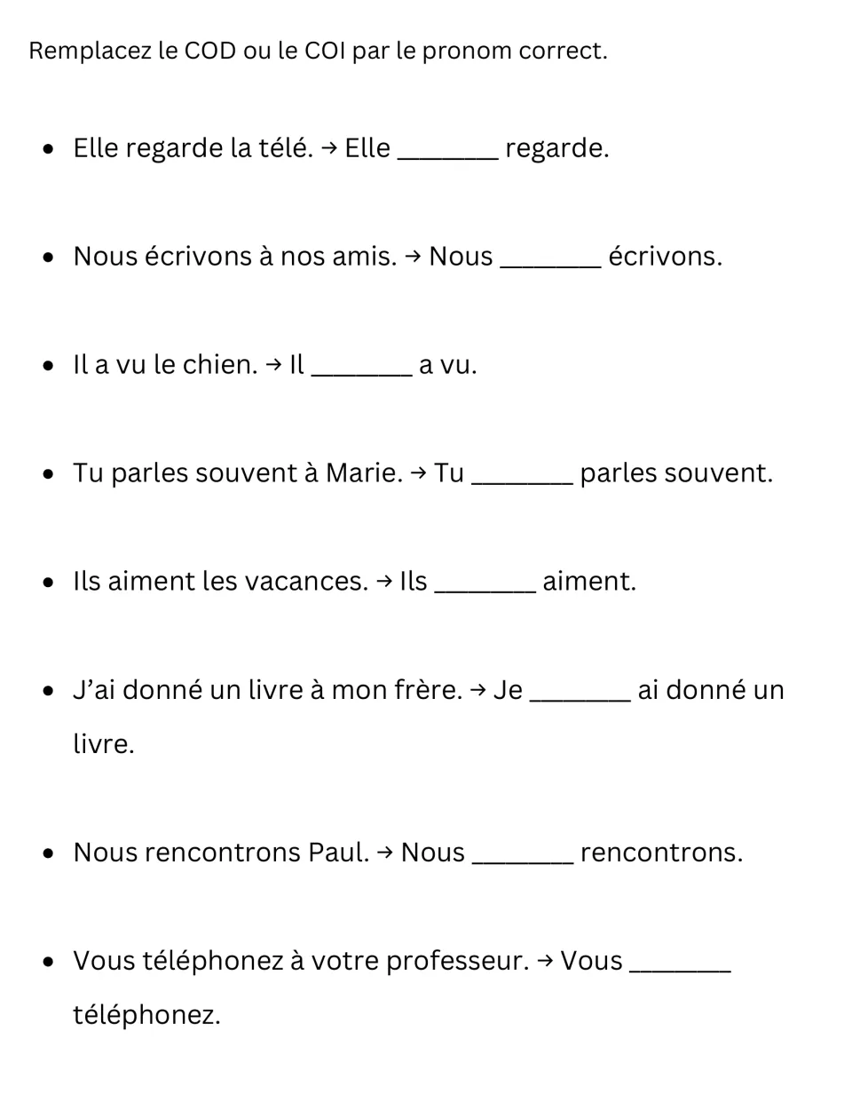 Pronoun replacement: students rewrite 8 French sentences, filling each blank with the pronoun that stands in for the object