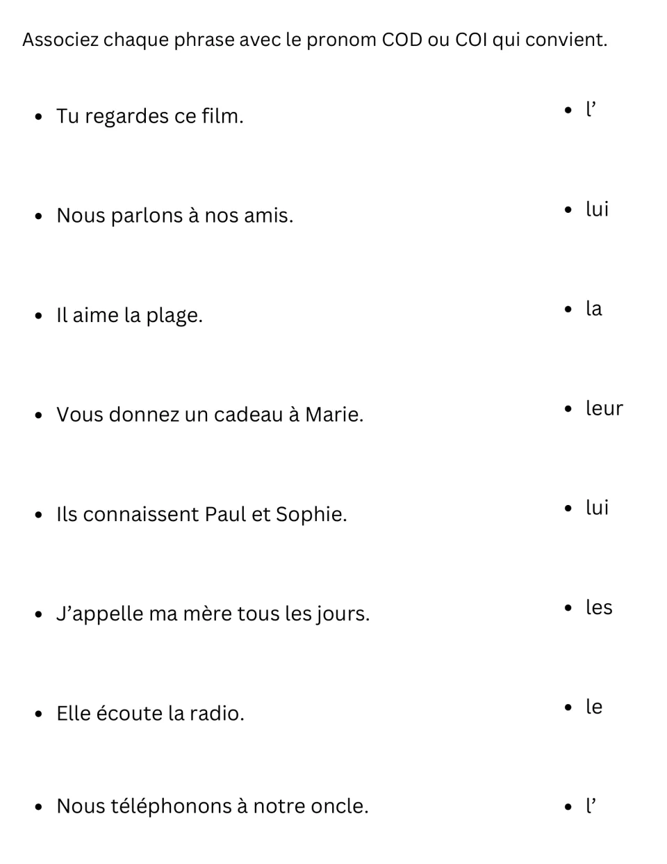 Matching task: students pair 8 French sentences with a fitting object pronoun from a list of l', lui, la, leur, les and le