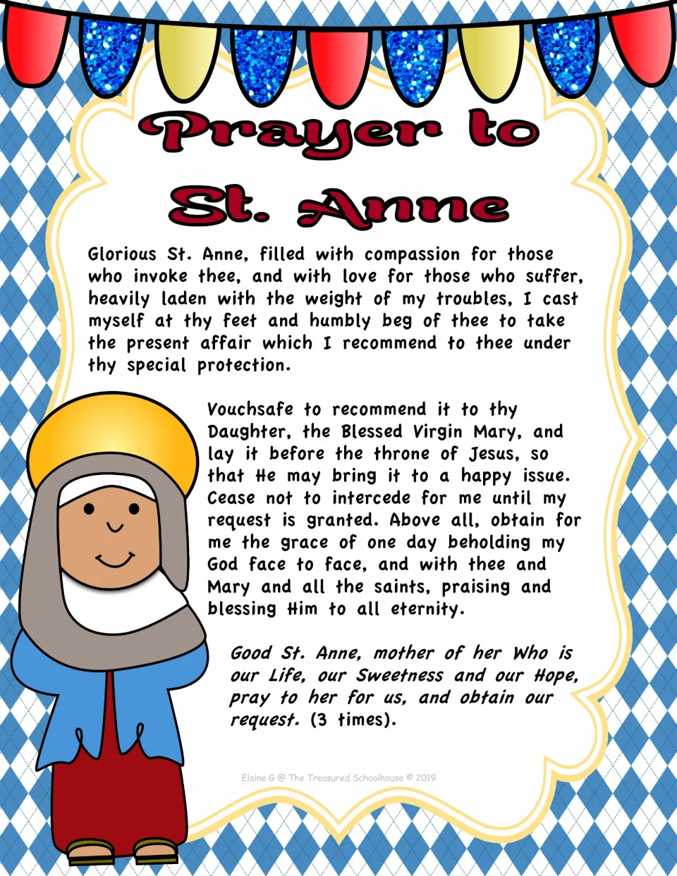 Color prayer poster beginning “Glorious St. Anne, filled with compassion” and ending with a repeated petition