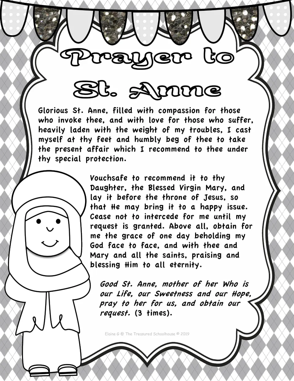 Black-and-white prayer poster presenting the full St. Anne prayer and a closing petition to repeat three times