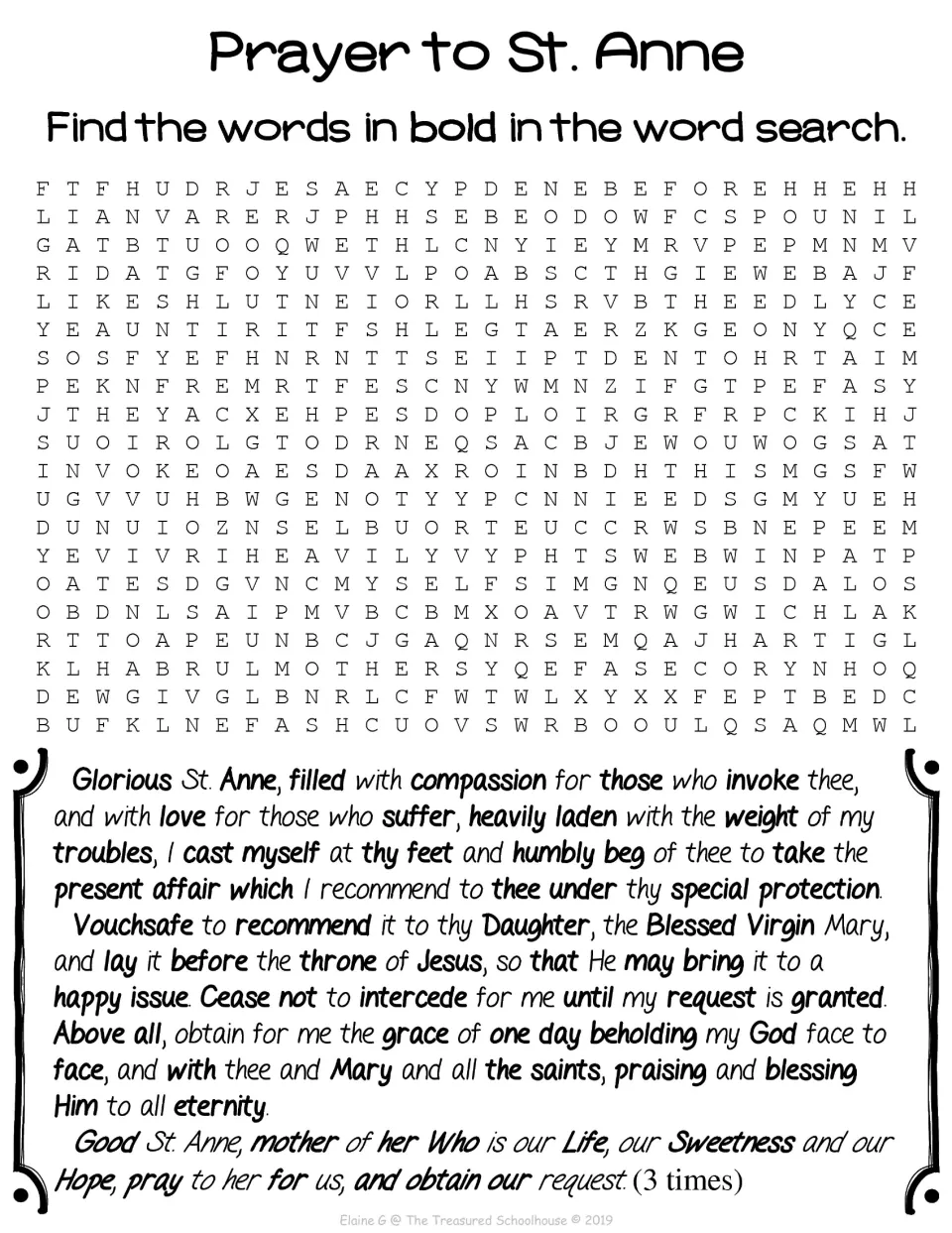 St. Anne prayer word search asks students to find bold words from the prayer, including compassion and protection
