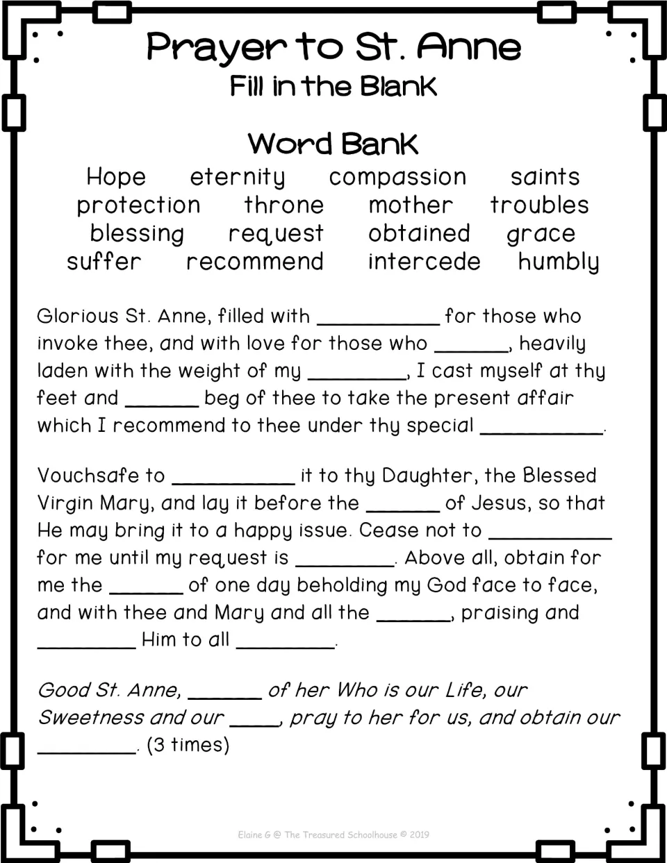 St. Anne prayer fill-in-the-blank activity supplies 16 word bank entries, including Hope, eternity, and compassion