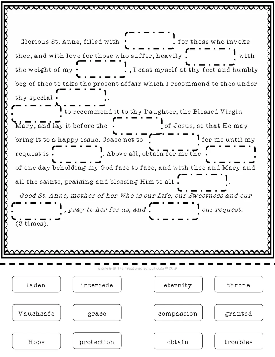 St. Anne prayer cut-and-paste activity has 12 missing words and matching word pieces, including grace and throne