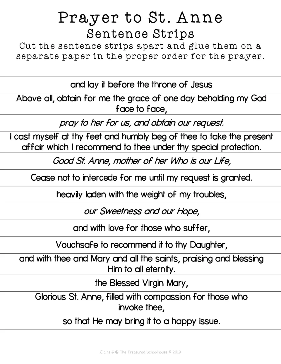 St. Anne prayer sequencing activity provides 14 sentence strips to cut apart and glue in the prayer’s proper order